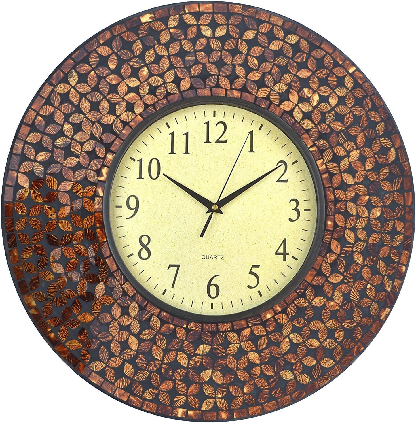 19" Amber Flower Mosaic Wall Clock with Black Cement, Arabic Number Glass Dial 9.5"