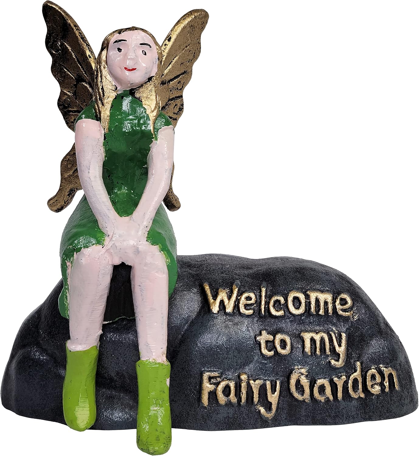 Cast Iron Welcome to My Fairy Garden Plaque with Green Sitting Fairy and Purple Fairy (2 Piece Set) Garden Decor Fairy Garden Accessories