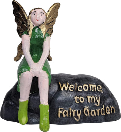 Cast Iron Welcome to My Fairy Garden Plaque with Green Sitting Fairy and Purple Fairy (2 Piece Set) Garden Decor Fairy Garden Accessories