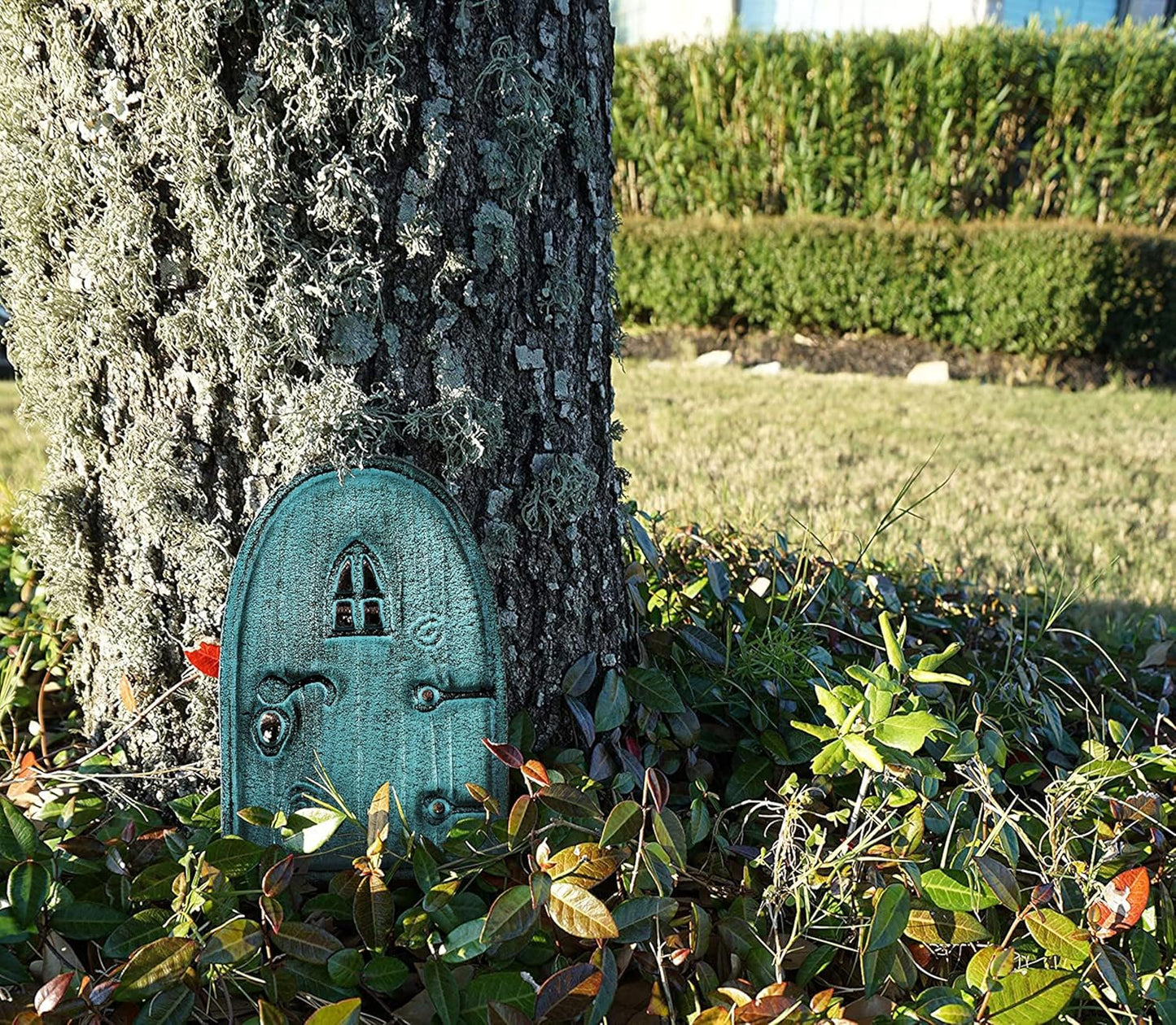 Cast Iron Blue Miniature Fairy Door 8" with 2 Windows (Round Top)