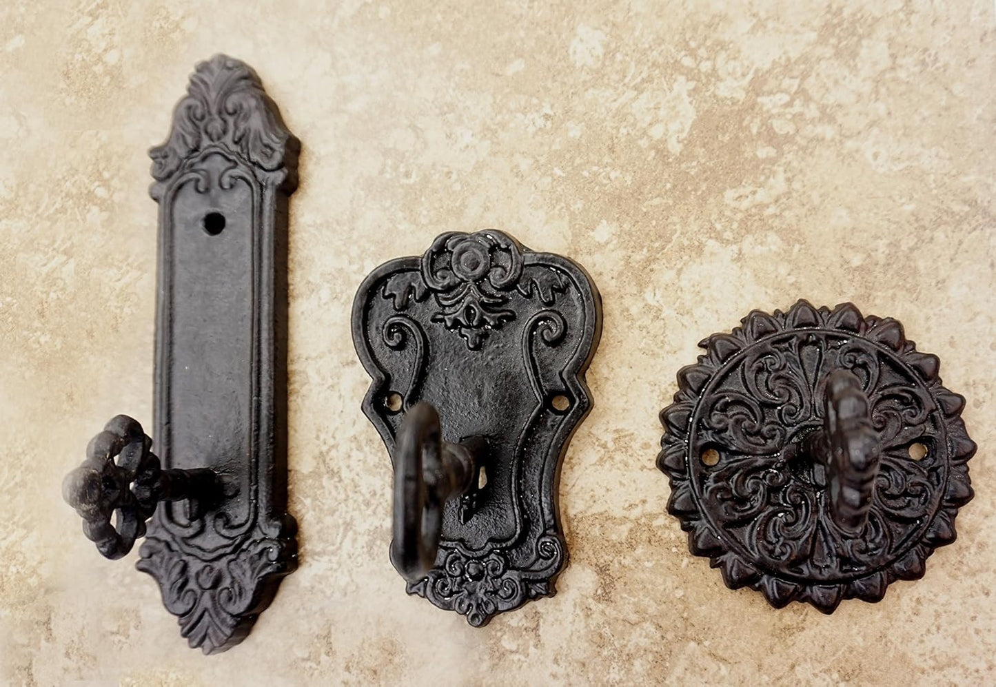 Cast Iron Antique Key Shaped Set of 3 Hooks (Roman)