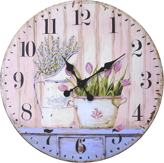 French Rustic Round Wood Wall Clock 23" (Tulip)