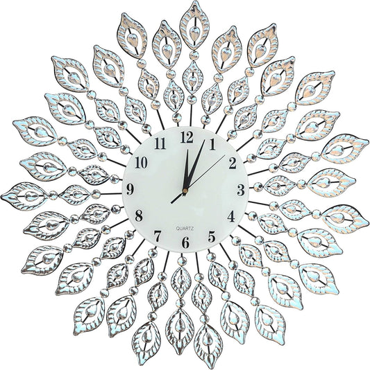 25” Crystal Leaf Metal Wall Clock, 9” White Glass Dial with Arabic Numerals