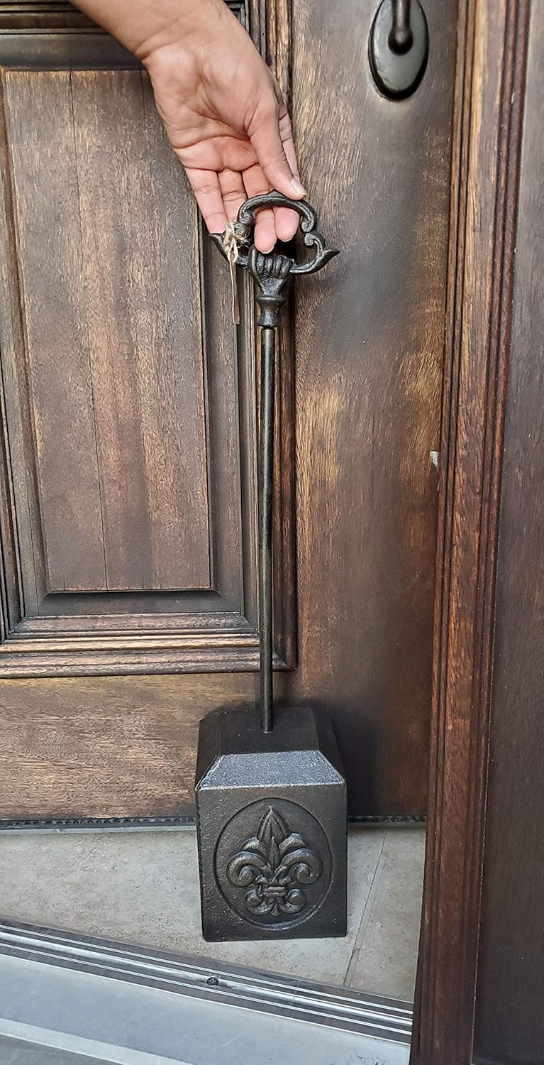 Cast Iron Heavy Door Stop with Fleur de lis Design, Doorstop with Handle, rods in Sizes (9 Lb)