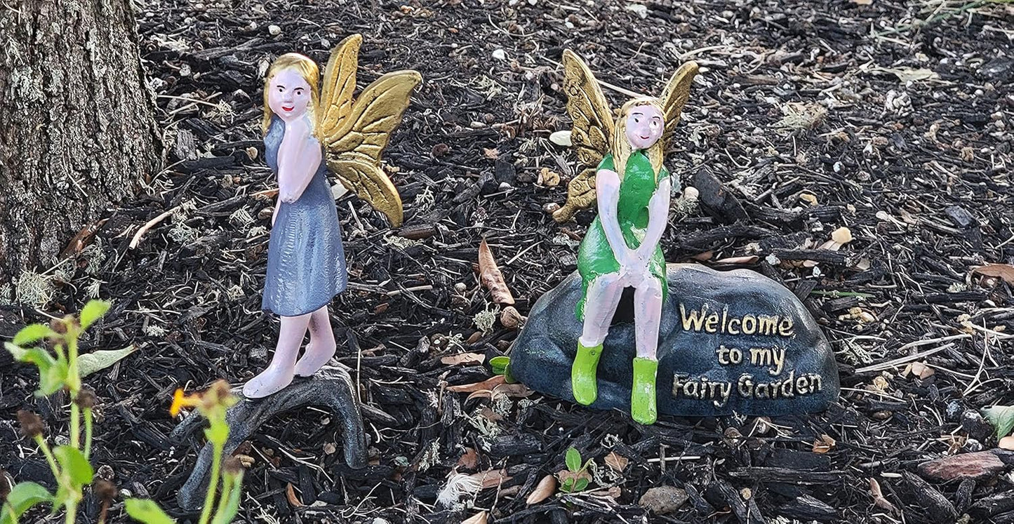 Cast Iron Welcome to My Fairy Garden Plaque with Green Sitting Fairy and Purple Fairy (2 Piece Set) Garden Decor Fairy Garden Accessories