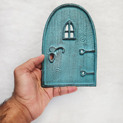 Cast Iron Blue Miniature Fairy Door 8" with 2 Windows (Round Top)