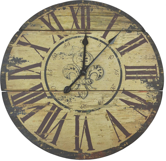 Rustic Round Fleur De Lis Wood Wall Clock 23.5” with Roman Numerals