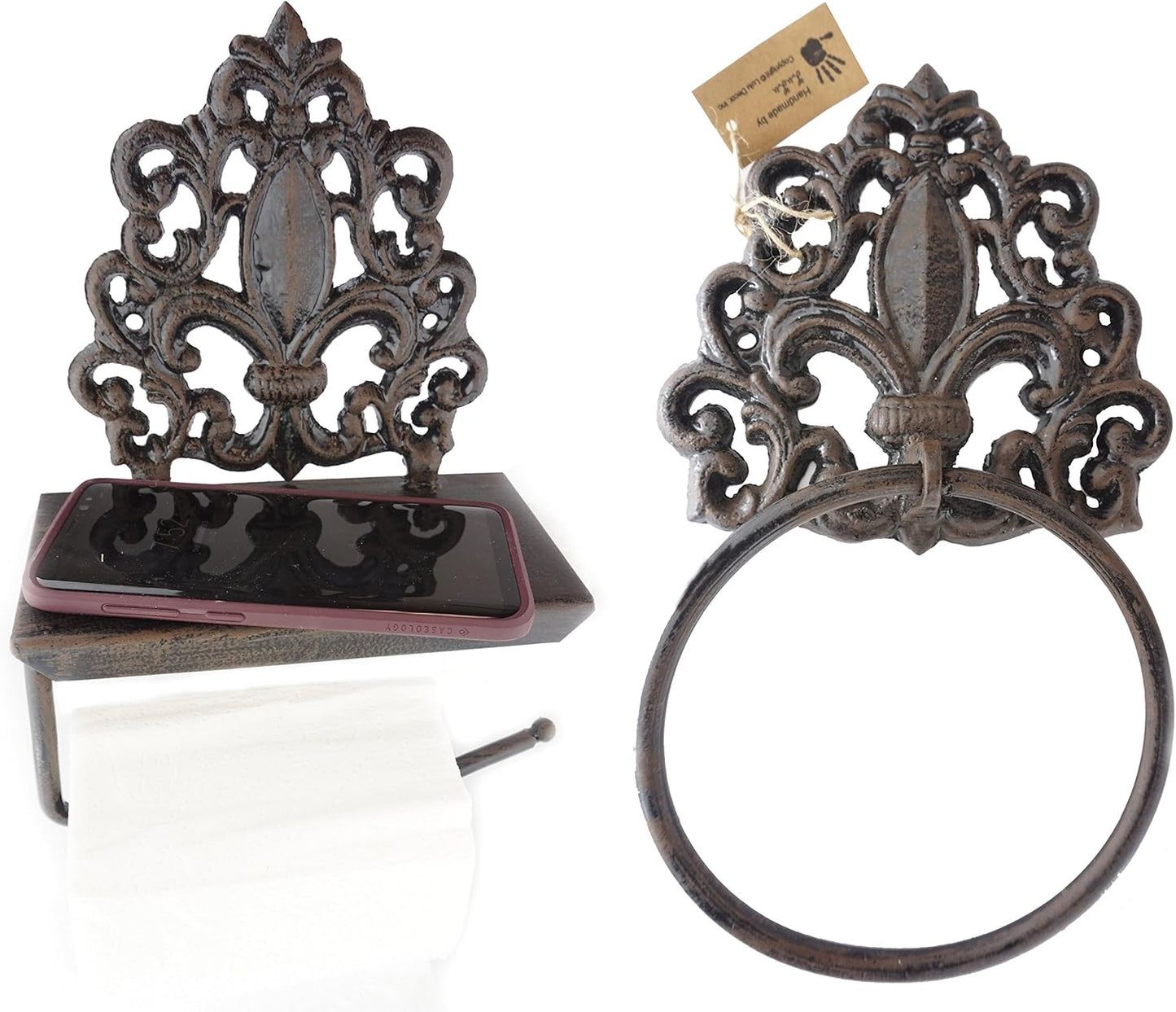 Set of Cast Iron Fleur De Lis Toilet Tissue Holder & Towel Holder