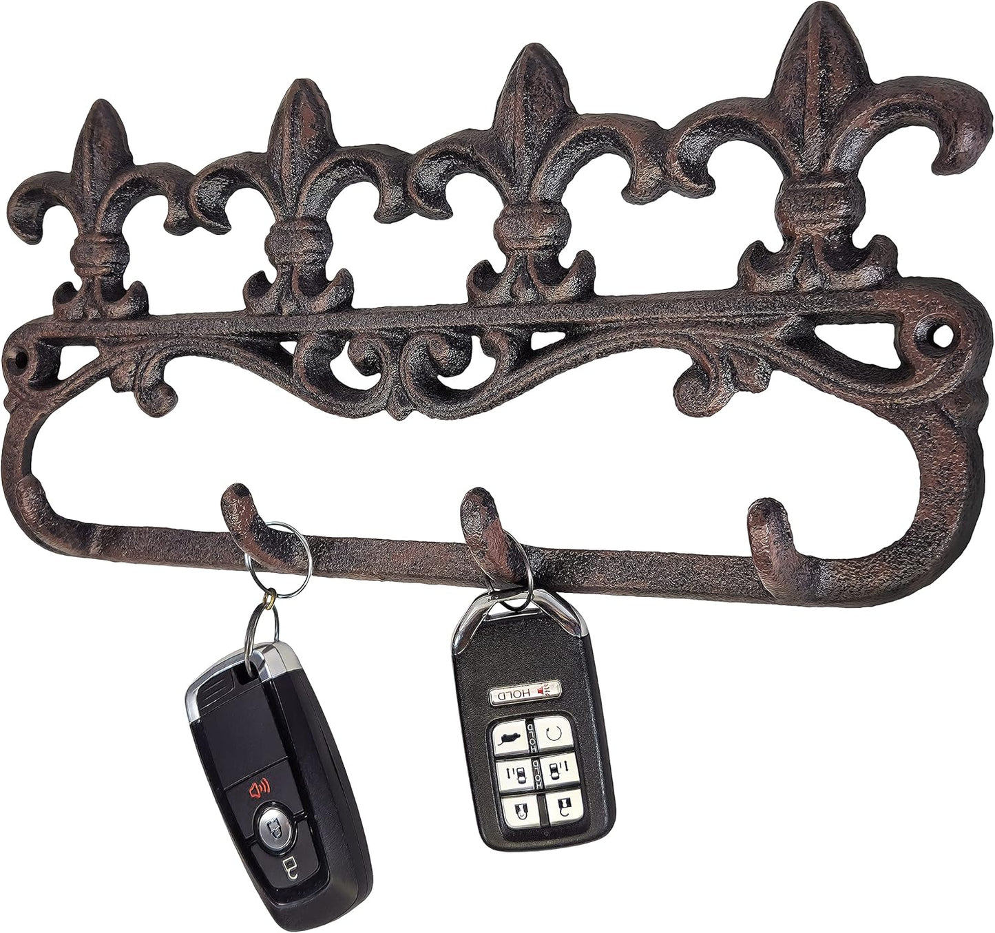 Cast Iron Fleur De Lis Key Hook Wall Mount Decorative Hanger Unique, Rustic and Strong (4 Hooks)