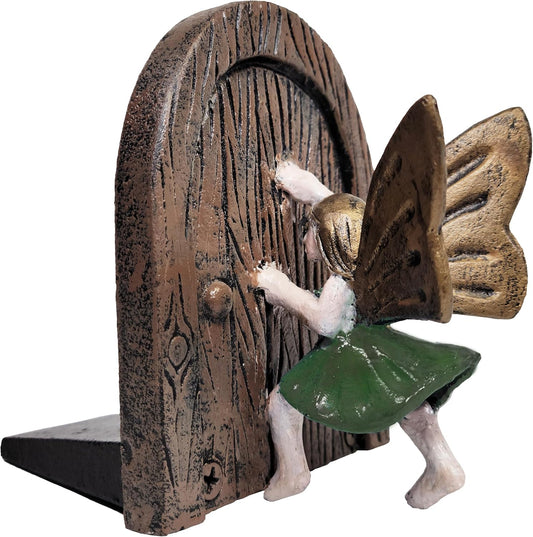 Cast Iron Decorative Door Stopper Fairy Door with Green Fairy, 2 lbs 4 oz