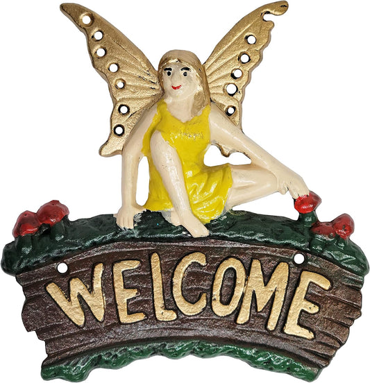 Cast Iron Fairy Welcome Plaque Garden Decor Fairy Garden Accessories 6.25 x 7 Inches