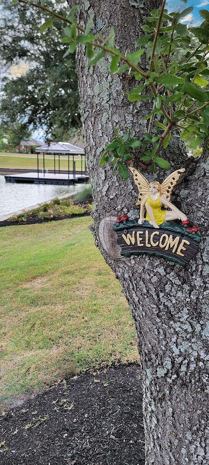 Cast Iron Fairy Welcome Plaque Garden Decor Fairy Garden Accessories 6.25 x 7 Inches