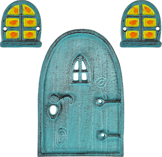 Cast Iron Blue Miniature Fairy Door 8" with 2 Windows (Round Top)