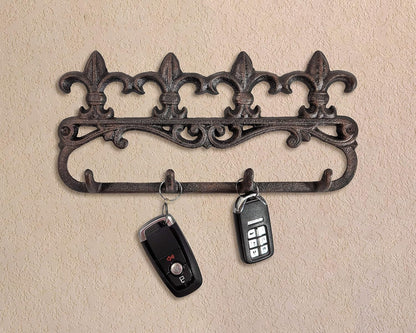 Cast Iron Fleur De Lis Key Hook Wall Mount Decorative Hanger Unique, Rustic and Strong (4 Hooks)