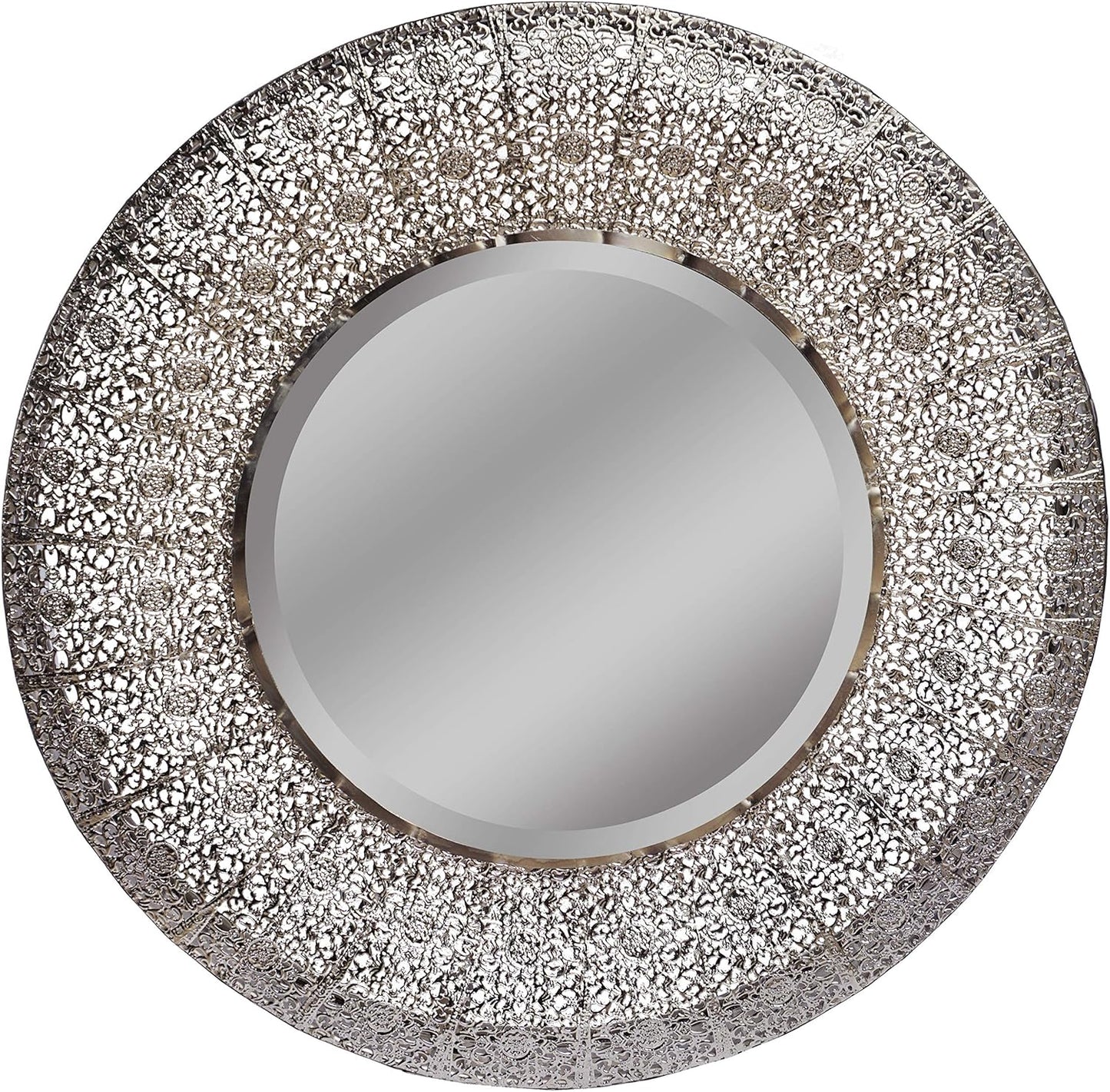 19" Ornamental Round Silver Metal Beveled Wall Mirror