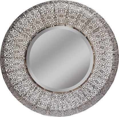 19" Ornamental Round Silver Metal Beveled Wall Mirror