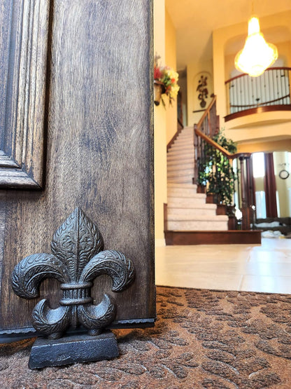 Cast Iron Fleur De Lis Door Stopper with Embossed Antique Finish, 4lbs 4oz