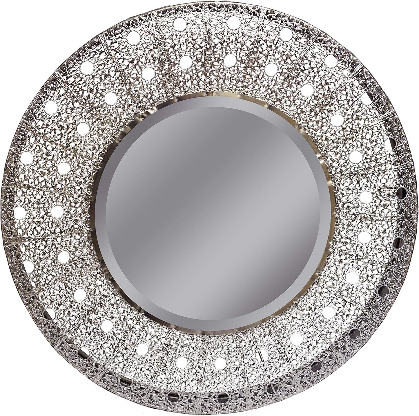 19" Oriental Round Silver Metal Beveled Wall Mirror